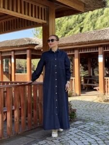 Tam düğmeli kot elbise lacivert