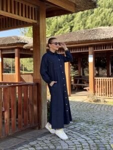 Tam düğmeli kot elbise lacivert