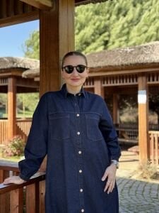 Tam düğmeli kot elbise lacivert