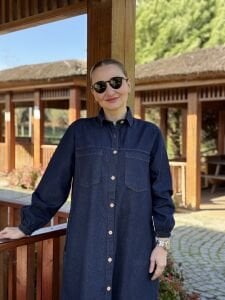 Tam düğmeli kot elbise lacivert