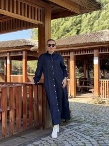 Tam düğmeli kot elbise lacivert