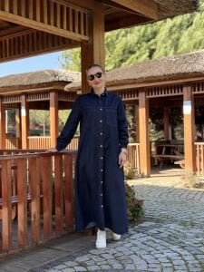 Tam düğmeli kot elbise lacivert