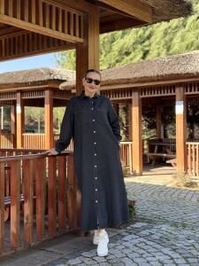 Tam düğmeli kot elbise Füme