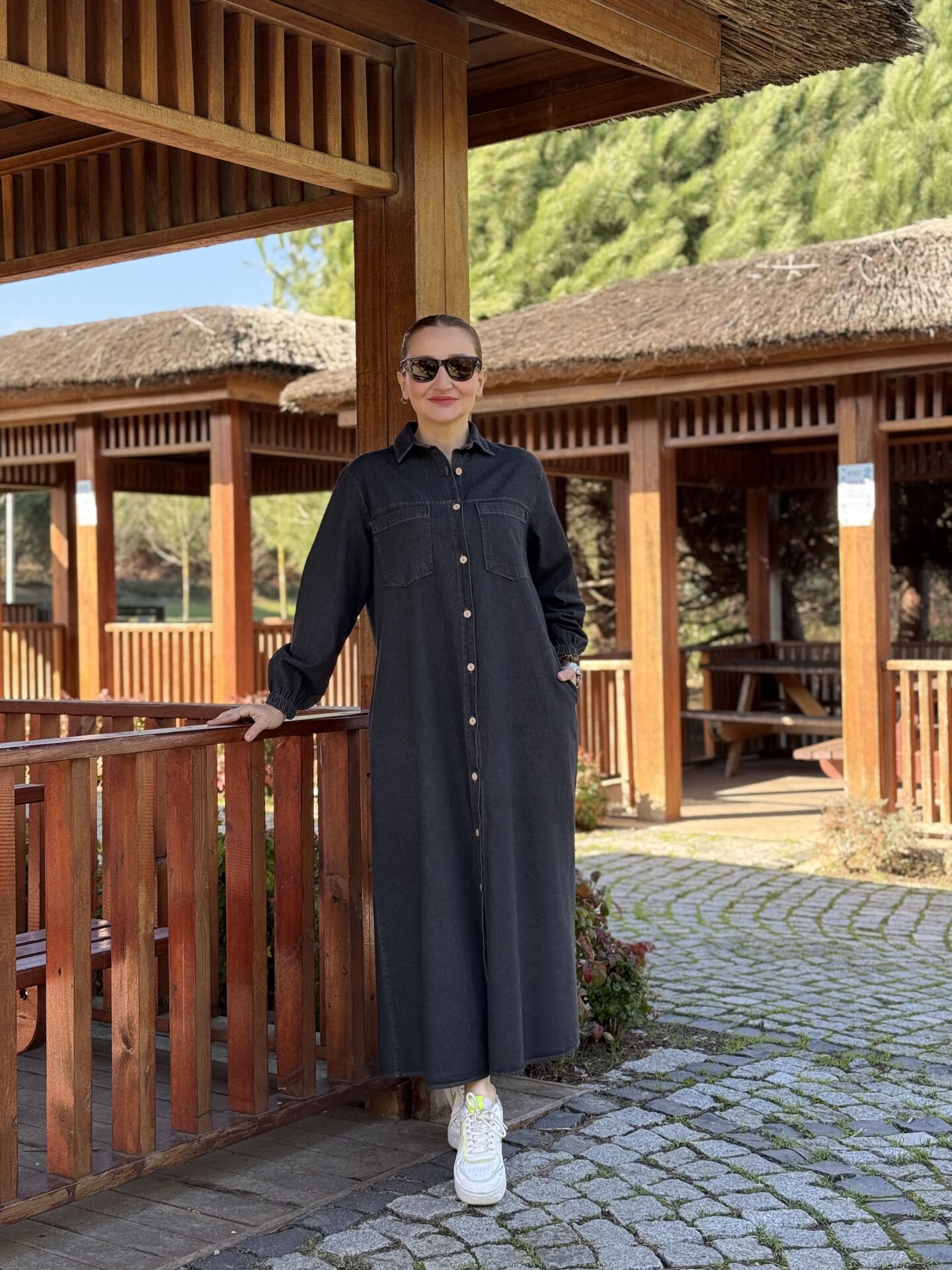 Tam düğmeli kot elbise Füme