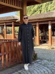 Tam düğmeli kot elbise Füme