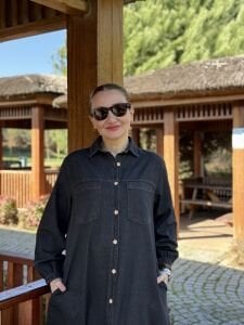 Tam düğmeli kot elbise Füme