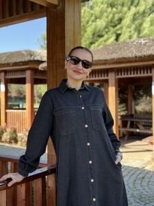 Tam düğmeli kot elbise Füme