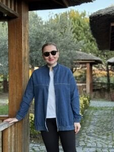 Fermuarlı likralı kot ceket mavi