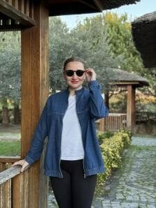 Fermuarlı likralı kot ceket mavi