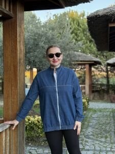 Fermuarlı likralı kot ceket mavi