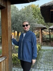 Fermuarlı likralı kot ceket mavi