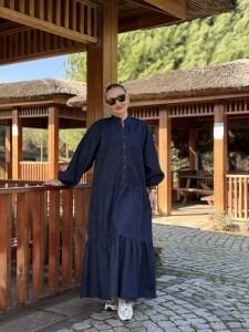 Lacivert yıkama kot katleya elbise