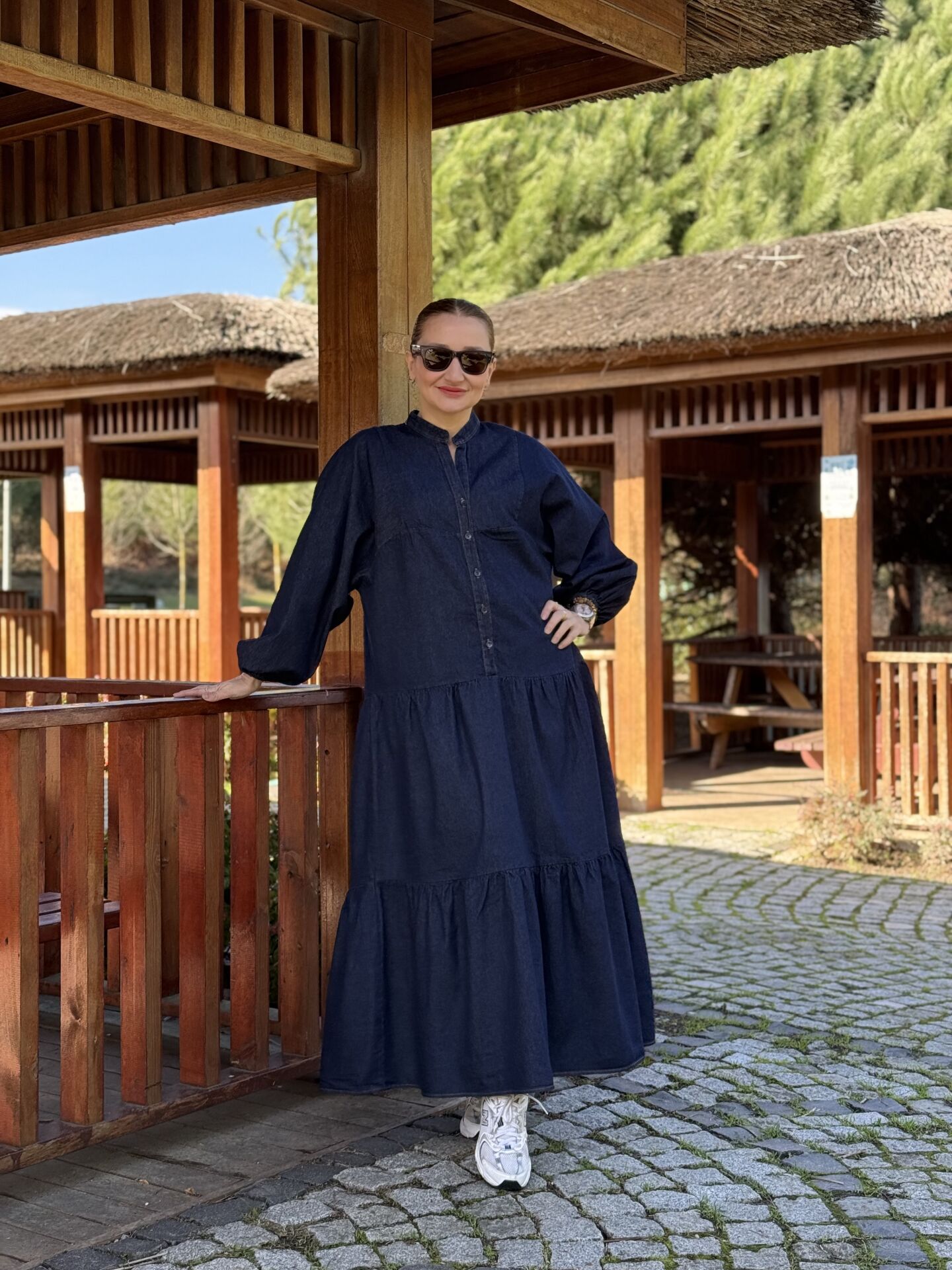 Lacivert yıkama kot katleya elbise