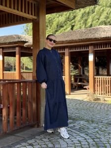 Lacivert yıkama kot katleya elbise