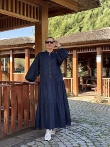 Lacivert yıkama kot katleya elbise
