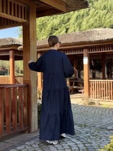 Lacivert yıkama kot katleya elbise