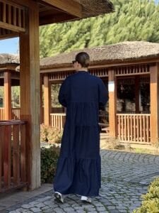 Lacivert yıkama kot katleya elbise