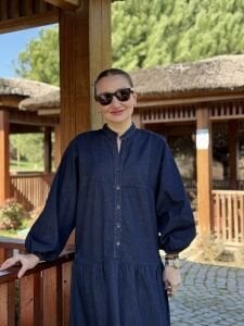 Lacivert yıkama kot katleya elbise