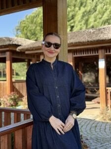 Lacivert yıkama kot katleya elbise