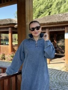 Yarım Fermuarlı kot elbise mavi