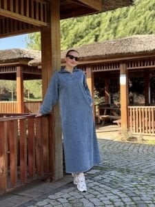 Yarım Fermuarlı kot elbise mavi