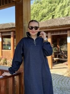 Yarım Fermuarlı kot elbise laci