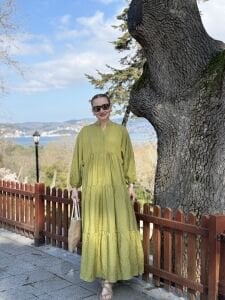 Tensel pamuk krinkıl Katleya elbise Yağ yeşili