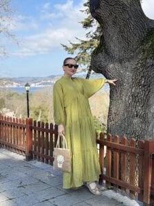 Tensel pamuk krinkıl Katleya elbise Yağ yeşili