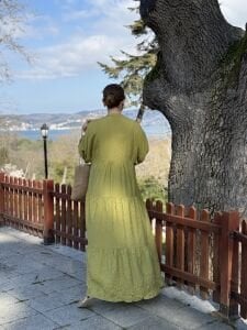 Tensel pamuk krinkıl Katleya elbise Yağ yeşili