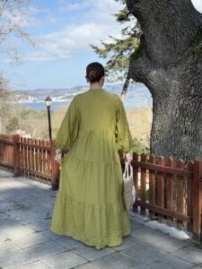 Tensel pamuk krinkıl Katleya elbise Yağ yeşili