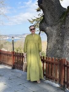 Tensel pamuk krinkıl Katleya elbise Yağ yeşili