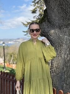 Tensel pamuk krinkıl Katleya elbise Yağ yeşili