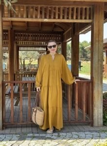 Viskon düz katleya elbise hardal