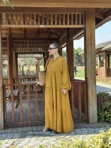 Viskon düz katleya elbise hardal