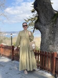 Tensel pamuk krinkıl Katleya elbise Haki