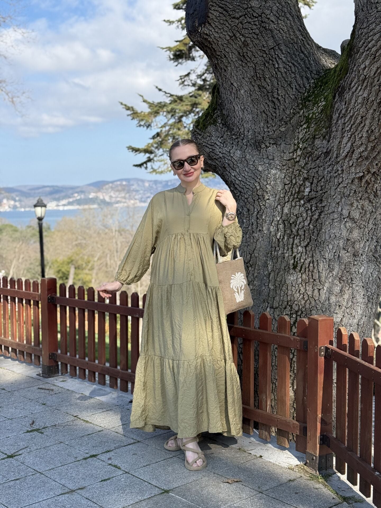 Tensel pamuk krinkıl Katleya elbise Haki