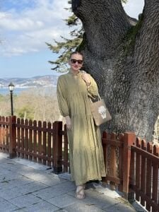 Tensel pamuk krinkıl Katleya elbise Haki