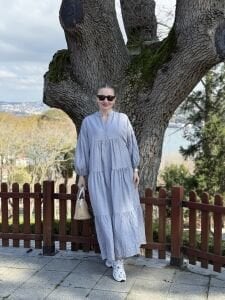 Tensel pamuk krinkıl Katleya elbise uzay gri