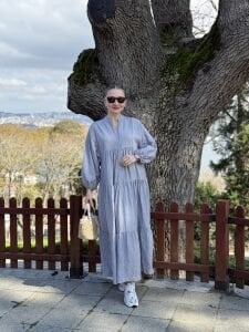 Tensel pamuk krinkıl Katleya elbise uzay gri