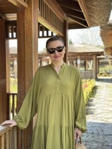 Viskon düz katleya elbise yağ yeşili