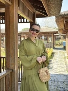 Viskon düz katleya elbise yağ yeşili