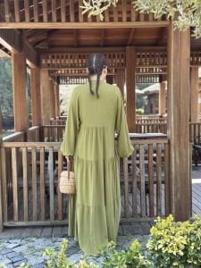 Viskon düz katleya elbise yağ yeşili