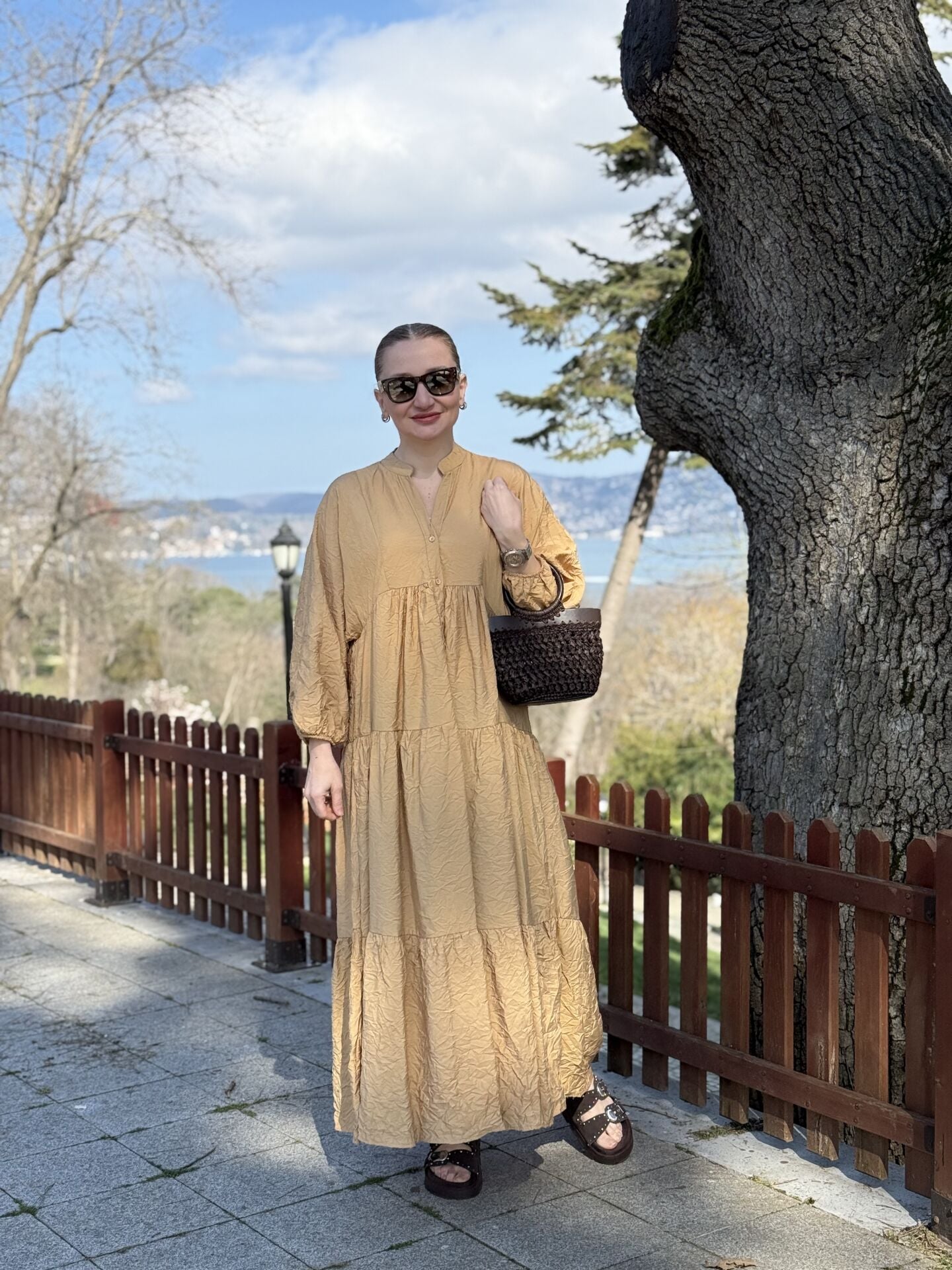 Tensel pamuk krinkıl Katleya elbie Camel