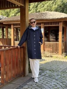 Kapüşonlu Polo uzun kot ceket lacivert