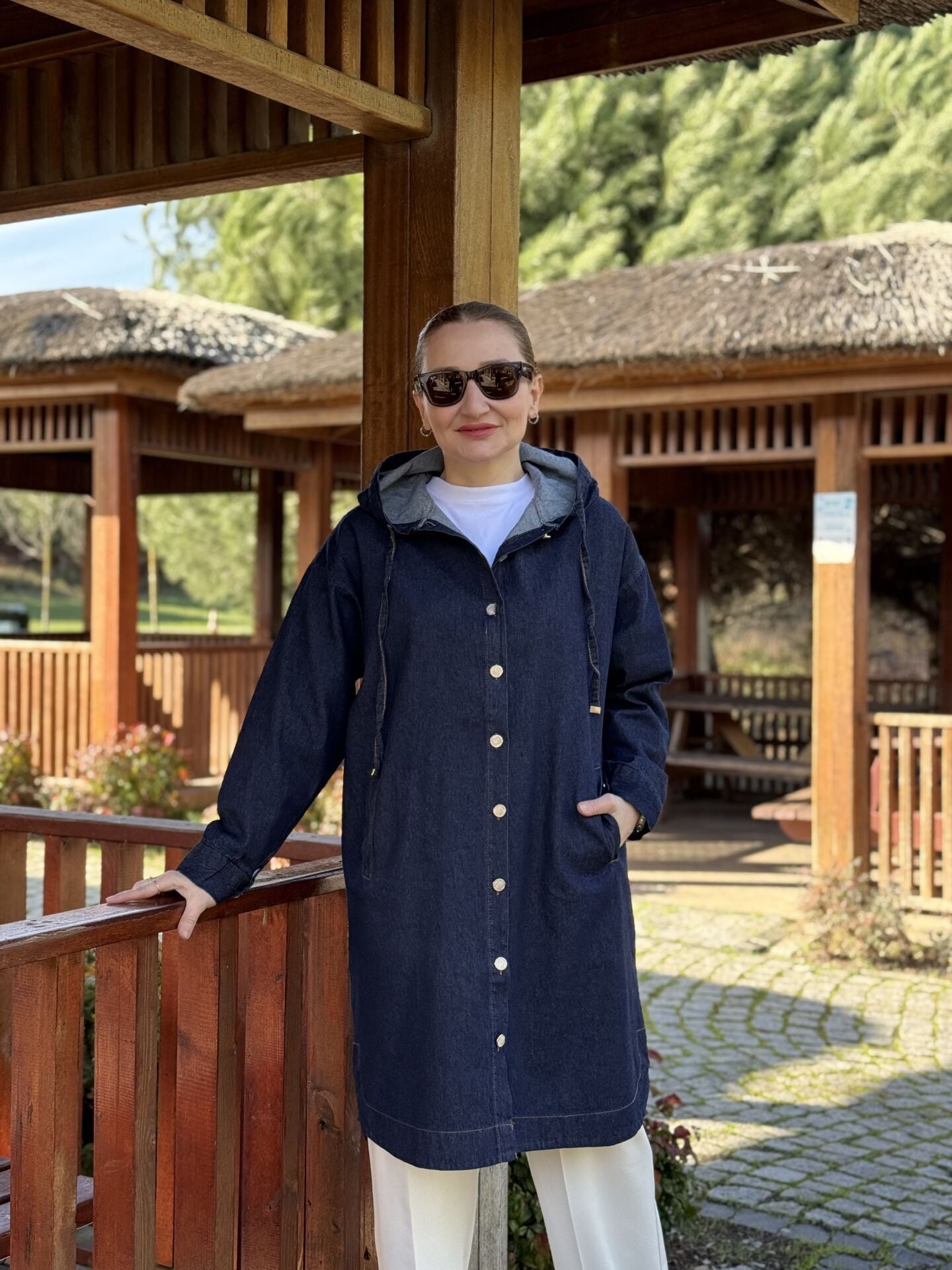 Kapüşonlu Polo uzun kot ceket lacivert