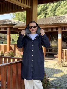 Kapüşonlu Polo uzun kot ceket lacivert