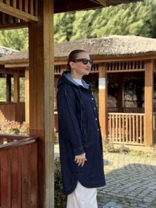 Kapüşonlu Polo uzun kot ceket lacivert