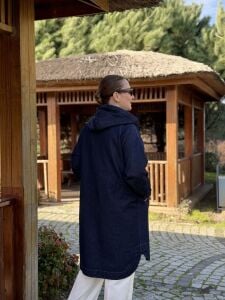 Kapüşonlu Polo uzun kot ceket lacivert