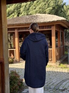 Kapüşonlu Polo uzun kot ceket lacivert