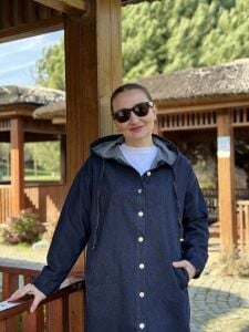 Kapüşonlu Polo uzun kot ceket lacivert